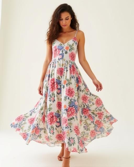 A model wearing the 'Portsea' floral maxi dress.
