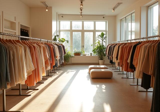 The bright and airy interior of the Flora & Thread boutique with clothing racks and comfortable seating.